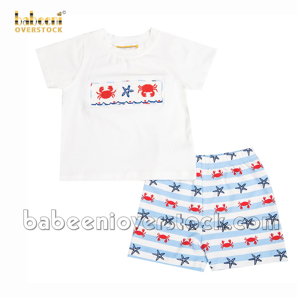 Smocked crab and starfish boy short set red and blue - BB1892